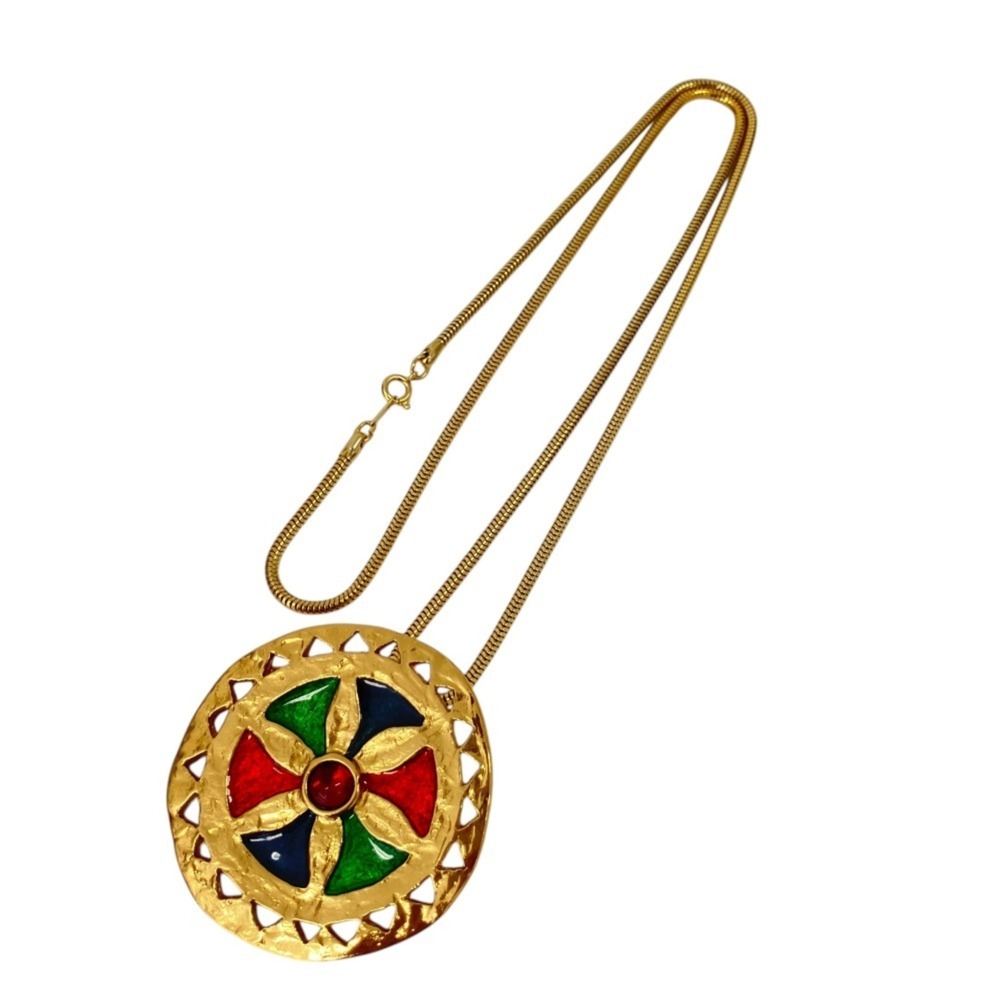 YVES SAINT LAURENT Vintage Circle Colored Stone Necklace Pendant Brooch GP Go...